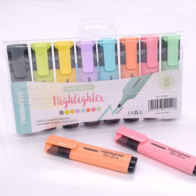 TWOHANDS Highlighters, 8 Assorted Pastel Colors, Chisel Tip Marker Pen,with Large Ink Reservoir for Extra Long Marking Performance 20208