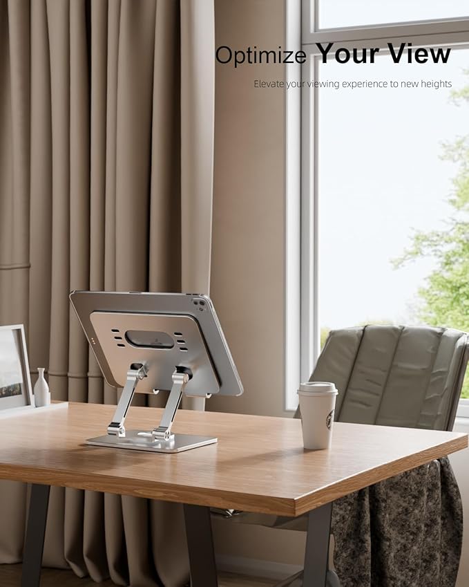 Orlian Tablet Stand Holder with Thickened 360°Rotating Base Dual Rod Adjustable Aluminum Stand for All 5.8-12.9” iPad Samsung Phone Tablet Kindle E-Reader and More, Silver