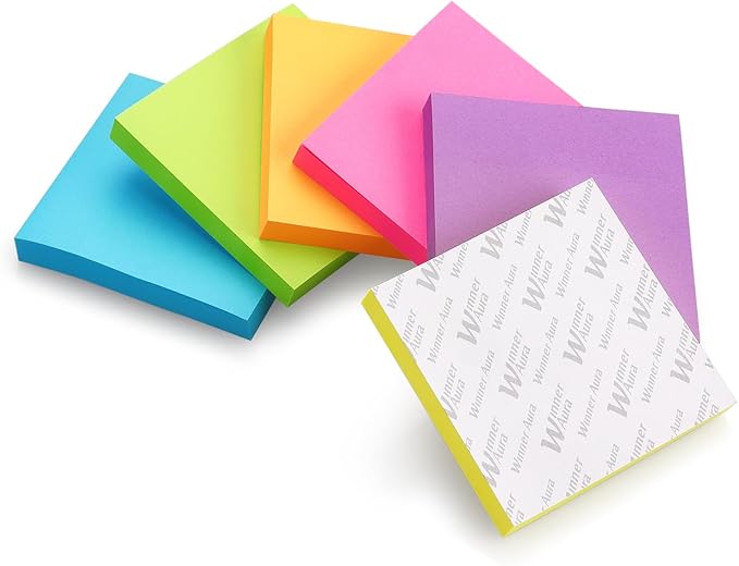 Winner Aura 3x3 Inch Bright Colors Self-Stick Sticky Notes, 6 Pack, 100 Sheets per Pad, Total 600 Sheets