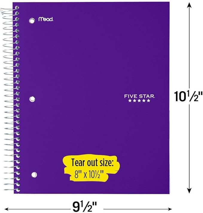 Five Star Spiral Notebook + Study App, 5 Subject, Wide Ruled Paper, 8" x 10-1/2", 200 Sheets, Fights Ink Bleed, Water Resistant Cover, Amethyst Purple (38739)