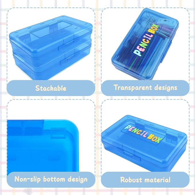 Blue Pencil Case Plastic Hard Clear Pencil Box Crayon Box Organizer 1 Pack Office Supplies Storage Container Organizer Boxes for Pens Crayon School Stylish Art Office Supplies Storage Medium