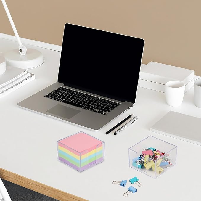 Buqoo Clear Silver Desktop Mmeo Holder Cute Acrylic Sticky Notes Dispenser 3.9×3.9 Inches Office Memo Pad Holder for Desk