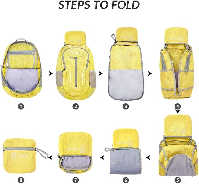 ZOMAKE 25L Ultra Lightweight Packable Backpack, Foldable Hiking Backpacks | Water Resistant Small Folding Daypack for Travel Camping, Everyday Carry, Multi-Pocket Layout, Adjustable Strap(Yellow)