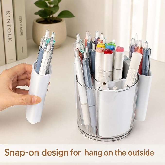 360° Rotating Pen Holder for Desk Adjustable Pencil Organizer, Gray-White | Plastic Pen Cup for Women Cute Office Supplies and Accessories Desktop Storage Box Art Caddy for School, Work, Home