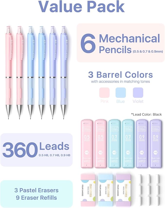 Four Candies 6PCS Cute Mechanical Pencil Set, 0.5mm 0.7mm 0.9mm with 360PCS Lead Refills, Pastel Erasers & Case, Kawaii Aesthetic School Supplies for Versatile Sketching and Student Note-Taking