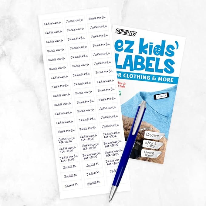 Ez Kids Clothing Labels Self-Stick No-Iron Write-On | Washer & Dryer Safe | Great for Children & Adults | School, Camp, Nursing Care, Toys, Organizing, All Purpose (120-Pack)