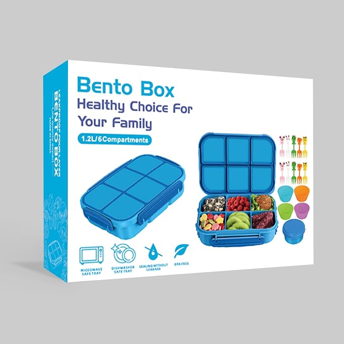 Amathley Lunch Box Kids Girls Boys,Bento Box Adult,Toddler Lunch Containers for School,Leakproof Snack Containers with 6 Compartments,Sauce Container,10 Food Picks and 4 Muffin Cups (Blue)