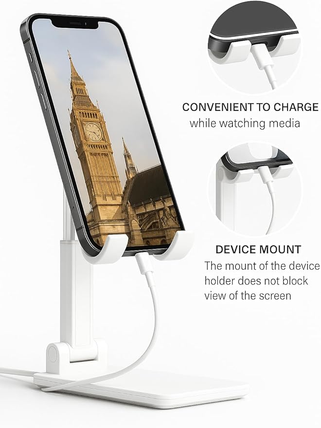 Cell Phone Stand for Desk, Adjustable iPhone Holder, Extendable Desktop Phone Stand, Portable Device Stand (White)