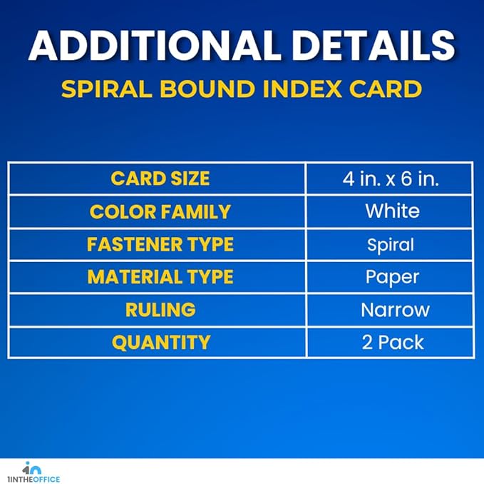 1InTheOffice Index Cards 4 x 6 Ruled, Spiral Bound, 120 White Cards/Spiral (2 PACK)