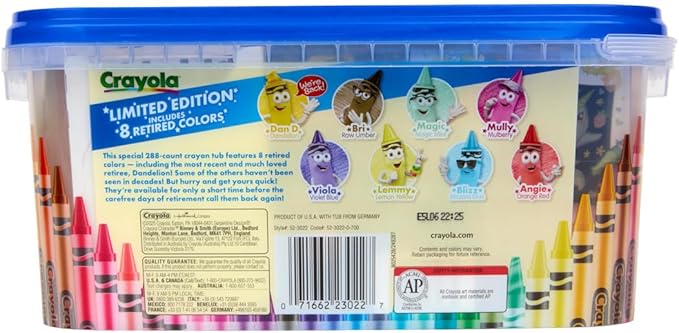 Crayola Crayon Tub – Limited Edition Colors (288ct), Bulk Coloring Crayons for Kids with Storage Tub, Classroom & Art Supplies for Teachers, Ages 3+