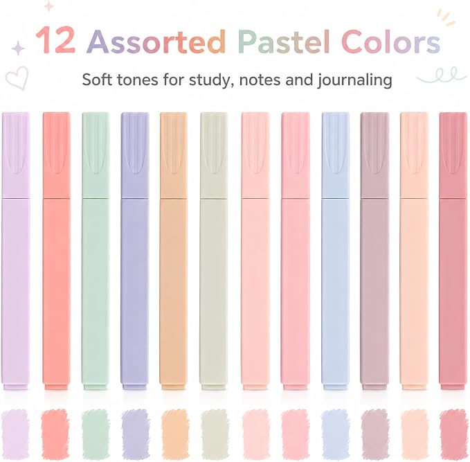 Pastel Highlighters, 12 Pack Chisel Tip Bible Highlighters No Bleed | Assorted Soft Colors for Bible Study, Journaling, Notes, School and Office Supplies, Back to School, Classroom Must Have