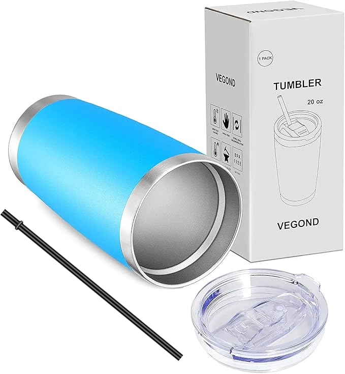 VEGOND 20oz Tumbler with Lid and Straw Stainless Steel Tumbler Cup Vacuum Insulated Double Wall Travel Coffee Mug Powder Coated Coffee Cup, Sky Blue, 1 Pack