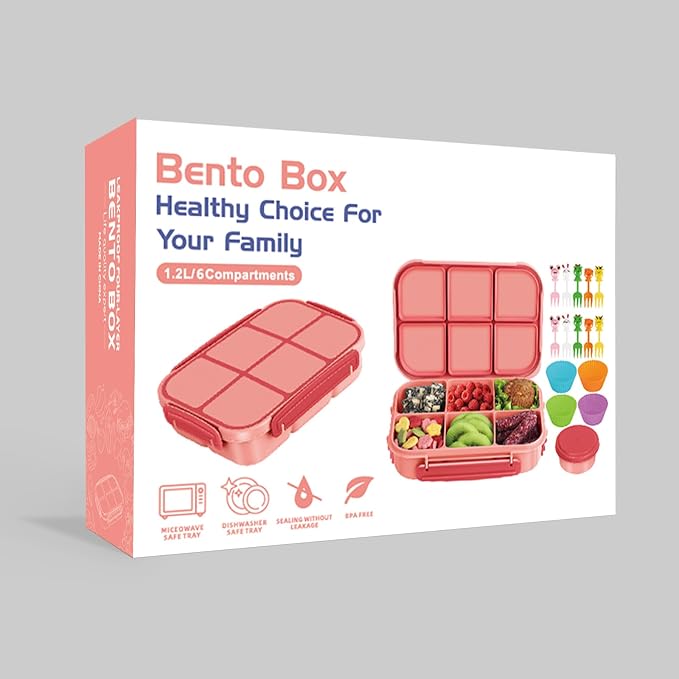 Amathley Lunch Box Kids Girls Boys,Bento Box Adult,Toddler Lunch Containers for School,Leakproof Snack Containers with 6 Compartments,Sauce Container,10 Food Picks and 4 Muffin Cups (Pink)