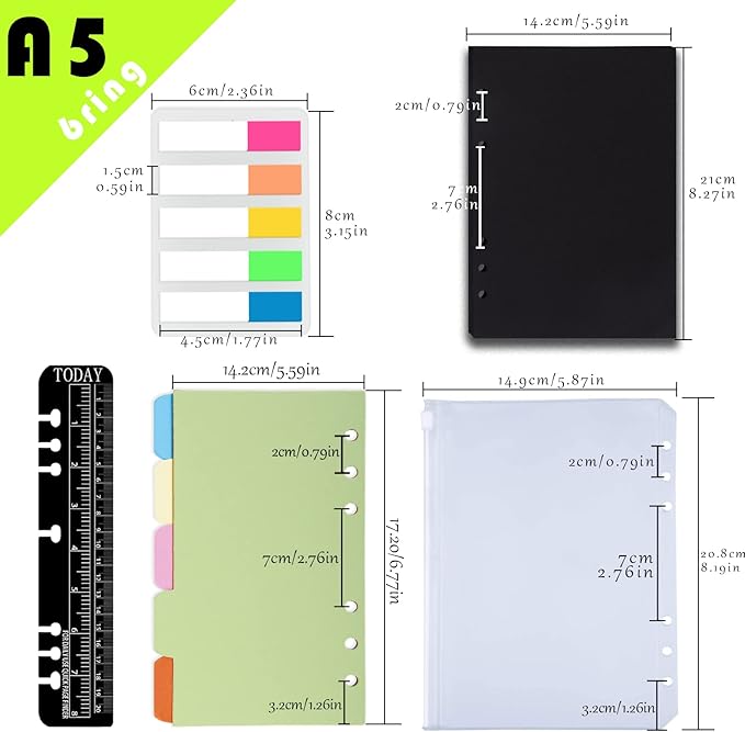 Rancco A5 Planner Inserts 6 Rings Planner Refills Set, 60 Sheet Black Blank To Do List Loose Leaf Paper w/Zipper Pouch, Binder Dividers, Ruler, Index Tab for Journal, Double-sided, Undated, 8.3x5.6in