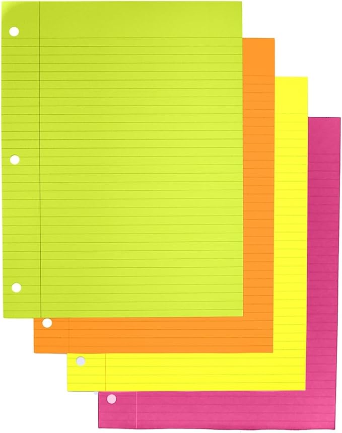 Top Flight Neon Filler, College Rule, 100 Sheets, 4 Colors, 3-Holes, 20 lb., 10.5 x 8 inches (4511894)