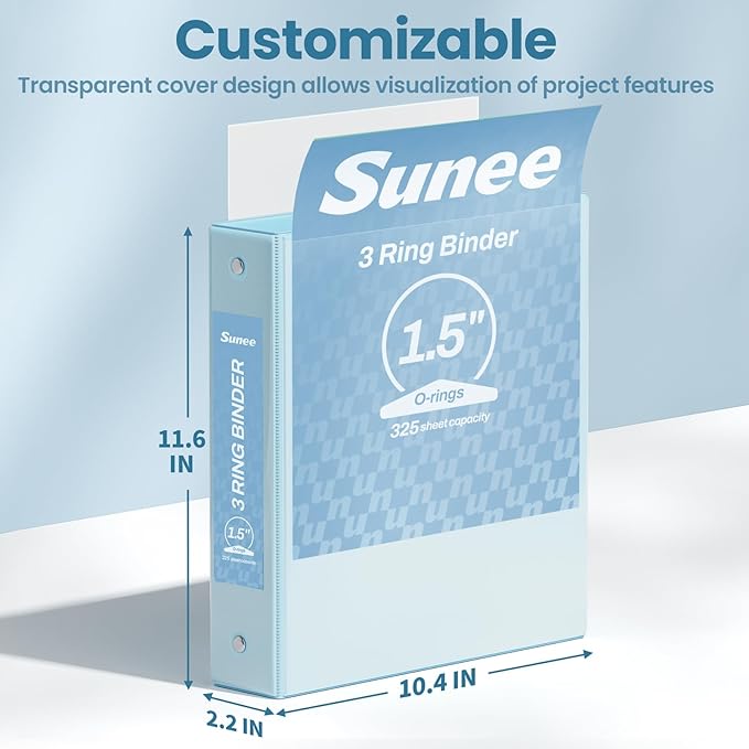 SUNEE 3 Ring Binder 1.5 Inch 2 Pack, Clear View Binder Three Ring PVC-Free (Fit 8.5x11 Inches) for School or Office Supplies, Blue