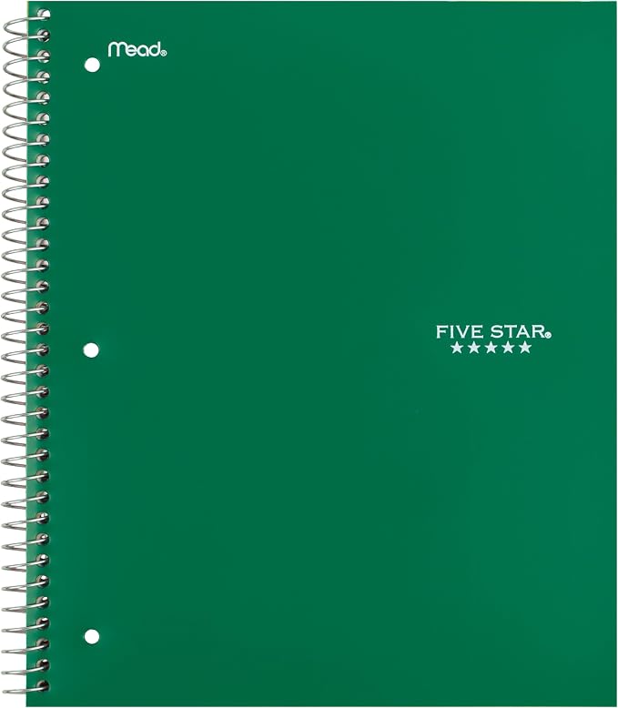 Five Star Spiral Notebook + Study App, 5 Subject, Wide Ruled Paper, 8" x 10.5", 200 Sheets, Fights Ink Bleed, Water Resistant Cover, Forest Green (930012CE1)