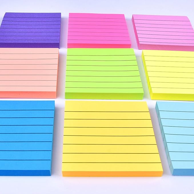 9 Pack Lined Sticky Notes 3x3 in Bright Colors Self-Stick Note Pads with Line, 9 Colors Bulk Sticky Memo Pad for School, Office, Meeting