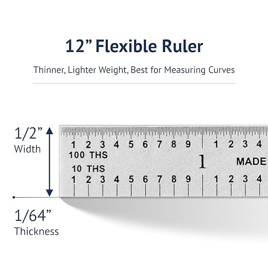 PEC Tools 12"/300mm Flexible Metal Ruler, High-Quality Steel Machinist Rule with Satin Chrome Finish, Decimal/Metric Graduation (1/10", 1/100", 1mm, 0.5mm), Trusted by Professionals, Made in USA