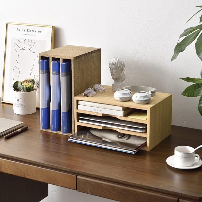 KIRIGEN Wooden Desktop Organizer, 3 Tier Solid Wood Letter Tray and Paper File Sorter for Desk, Freestanding Office Document Holder for Mail, Magazines, Folders, Natural 3KWJG-NA