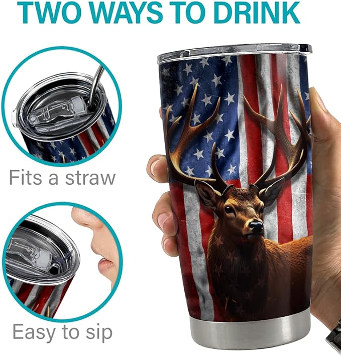 SANDJEST Hunting Tumbler Cup 20oz Deer Hunting Gifts for Men Hunters American Flag Stainless Steel Insulated Tumblers Coffee Travel Mug Hunter Gift for Birthday Christmas