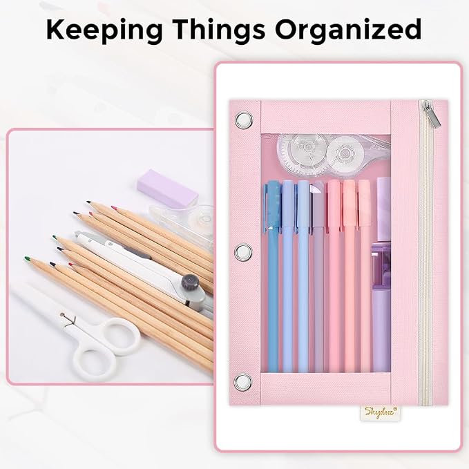 SKYDUE Pencil Pouch for 3 Ring Binder, 9.8" x 7.3" Clear Window Pencil Bag | Zipper Pencil Pouches for Girls Boys, Pink Pencil Pouch with 3 Reinforced Grommets, Durable Organizer for School Supplies