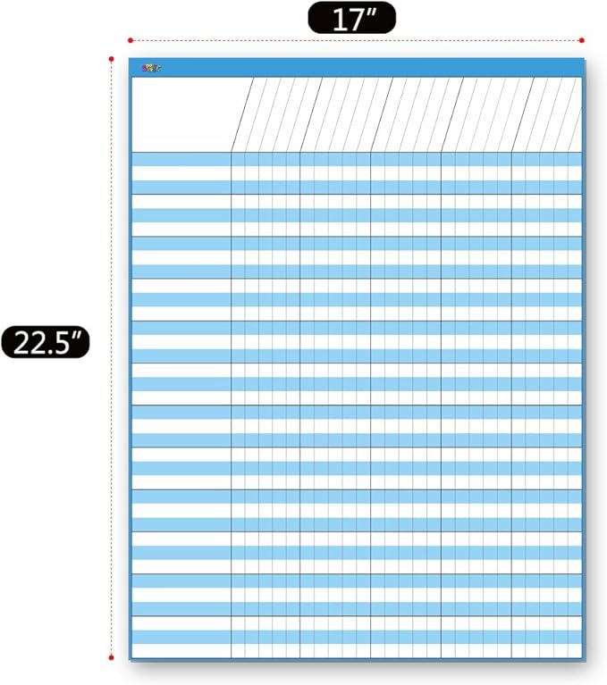 Dry Erase Incentive Chart/Chore/Responsibility/School Attendance/Homework Progress Tracking Chart, 6 Pack in Multi-Color, 36 Rows X 25 Columns (17" x 22.5")