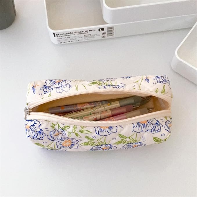 Pencil Case Office College School Storage Bag Pouch Holder Box Organizer Makeup Pouch Cosmetic Bag Aesthetic Cute Pen Case for Girls Boys Kids (Checkered flower)