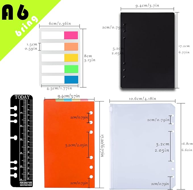 Rancco A6 Planner Inserts 6 Rings Planner Refills Set, 60 Sheet Black Blank To Do List Loose Leaf Paper w/Zipper Pouch, Binder Dividers, Ruler, Index Tab for Journal, Double-sided, Undated, 6.8x3.7in