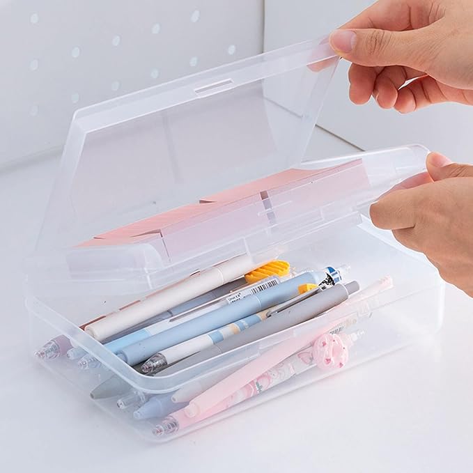 Double Layer Large Capacity Pen Box,Plastic Translucent Pencil Box, Hard Pencil Cases with Snap-Tight Lid for Pens, Pencils, School Supplies,Office Supplies, Medium-sized,1 Pack
