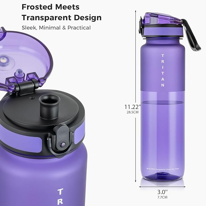 32oz Water Bottle with Chug Lid, Frosted & Clear Tritan BPA-Free, Leakproof, Wide Mouth, Portable Sports Water Bottle for Gym, Office, Travel, Outdoor (Purple)