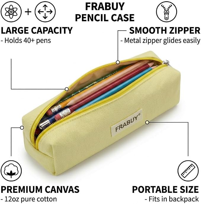 Canvas Pencil Case Pouch – Multipurpose Pen Bag Stationery Yellow | Heavy-duty canvas, smooth alloy zipper, cute organizer for girls and boys, ideal for stationery, cosmetics, tech gear