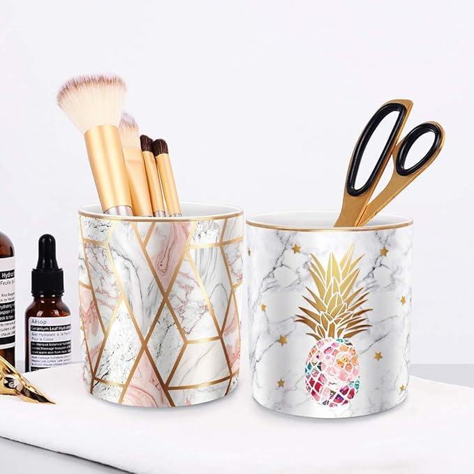 Cute Pen Holder for Desk, Ceramic Pencil Organizer, Makeup Brush Holder, Office Decor and Desk Accessories Durable Ceramic, Pineapple Pattern