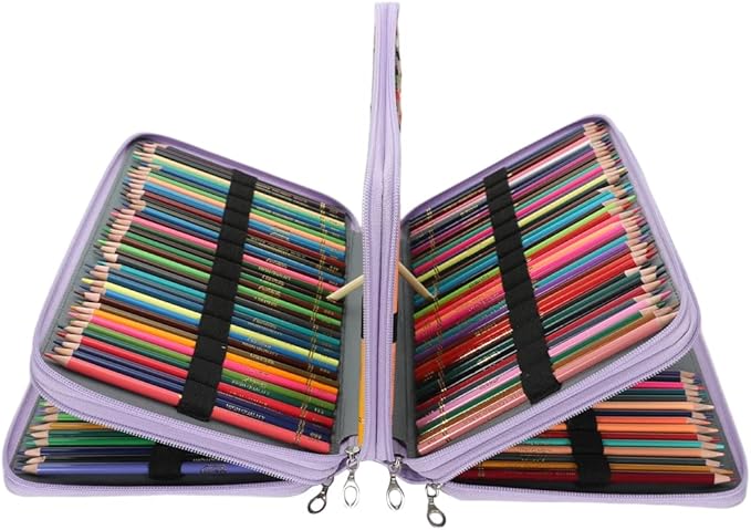 Vomgomfom 300 Slots Marker Bag, 4-Layer Zipper Portable Art Supply Organizer, PU Leather Large Capacity Marker Case Holds 100 Markers or 300 Colored Pencils with Handle (Purple)