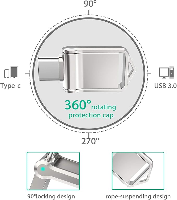 Type C USB Flash Drive 64GB 2 in 1 USB Sticks OTG Type C+ USB 3.0 Dual Drive Waterproof Memory Stick with Keychain Metal-Silver Color