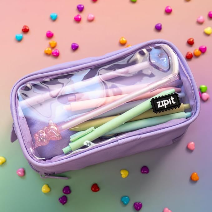 ZIPIT Half & Half Pencil Case for Girls, 3-Compartment Zipper Pouch, Purple | Clear-front pencil case for school, dedicated organizer panels, holds up to 70 pens & pencils, durable easy-care polyester