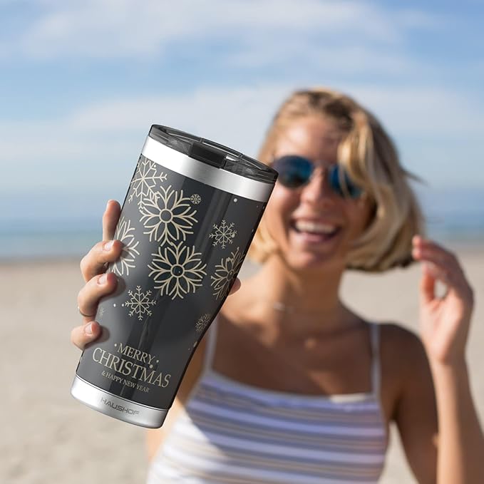 HAUSHOF 20oz Christmas Tumbler, Stainless Steel and Double Wall Insulated Travel Coffee Mug with Lid, Good Choice for Christsmas Gifts-Black with Snowflakes