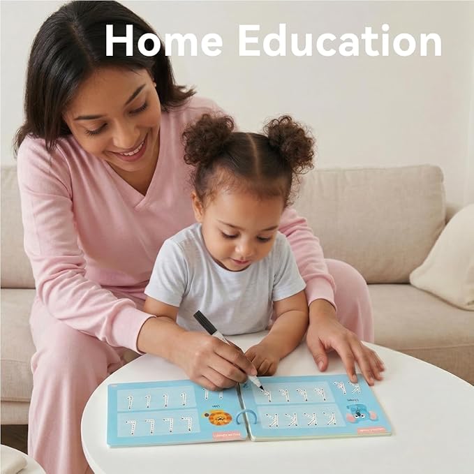 Reusable Alphabet Tracing Book for Kids, 30 Pages ABC Writing Practice with Dry-Erase Markers, Montessori Travel Toy for Preschool Learning (Animals & Letters)