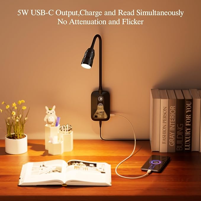LED Wall Mounted Reading Light with Wave Sensor/Touch Switch, 5 Color & 5 Level Dimmable Touch Book Light for Reading with USB C Charging Port, Eye-Care Bedside Reading Lamp for Bed,Heaboard (Black)