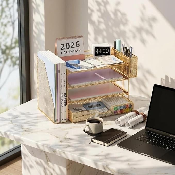 OPNICE Desk Organizers and Accessories, 4-Tier Office Desk Accessories & Workspace Organizers with Drawer and Pen Holder, Desktop Paper Tray File Organizer for Home Office Supplies, Gold