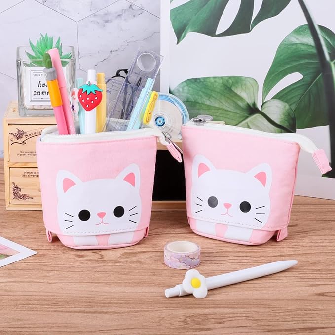 iSuperb Standing Pencil Pouch Pencil Case Cute Cat Telescopic with Zipper Canvas Kwaii Cartoon Pencil Bag Stationery Box for Kids Girls Boys School Supplies 7.5 x 4.9 x 3.0inch/4.1x 3.0inch