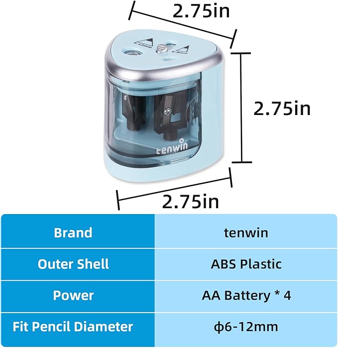 tenwin Electric Pencil Sharpener for Colored Pencils, Battery Operated Pencil Sharpeners for No.2 and 6-12mm Pencils, Dual Hole for Office School Artists Adults Kids Use(Blue)