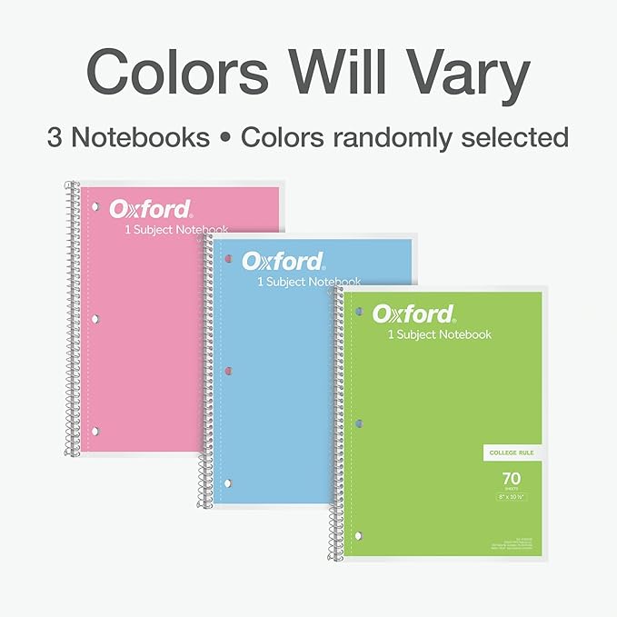 Oxford Spiral Notebooks, 1 Subject, College Ruled Notebooks for School, 8 x 10.5 Inches, 70 Sheets, Assorted Pastel Colors, Back to School Supplies (1002540) (Pack of 24)