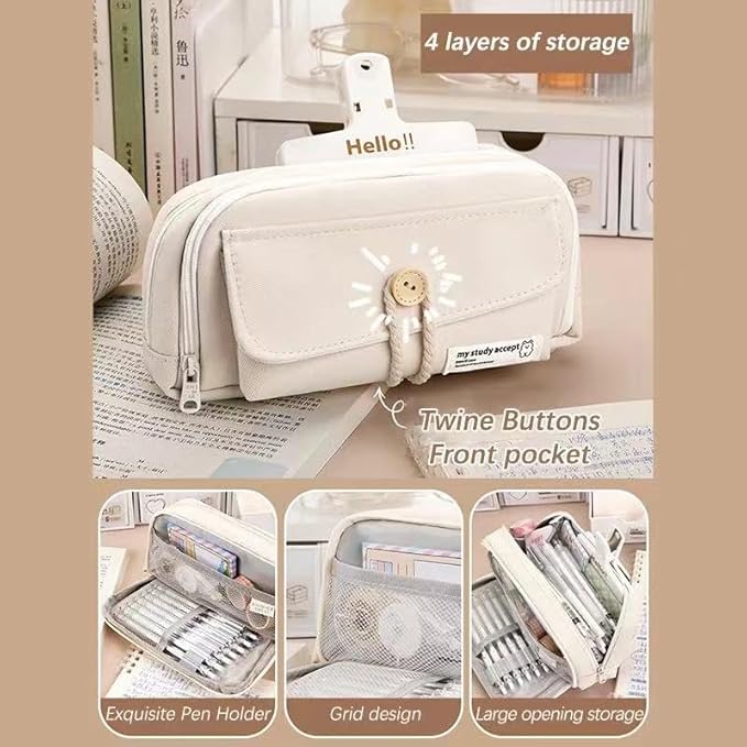 Simple Style Cotton Rope Pencil Holder - Large Capacity Multi-layered Pencil Case Organizer, Aesthetic Minimalist Fabric Pen Pouch with Zipper, Durable Eco-Friendly Pen Pouch Bag (Beige)