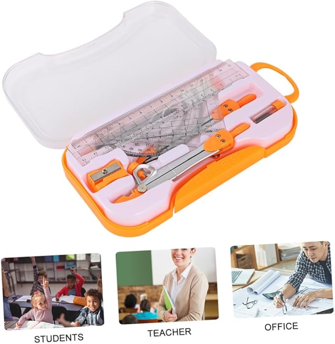 DOITOOL 1 Sets Compass Drawing Kit for Students Math Tool Set with Ruler Protractor Storage Case for Drafting School Use Random Color