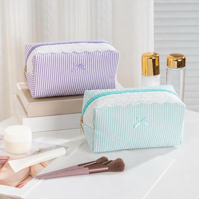 Makeup Bag Travel Toiletry Bag for Women, Small Cosmetic Bags with Lace Trim Cute Green Stripe Aesthetic Organizer Makeup Pouch for Purse Emergency Bag Pencil Case Accessory Bag