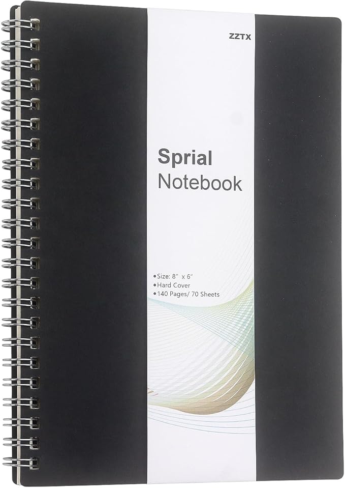 ZZTX Sprial Notebook Kraft Soft Cover College Ruled Notebooks, Wirebound Memo Diary Notebook Planner, 140 Pages/ 70 Sheets, 8 x 6 inch, 1 Pack (Black)
