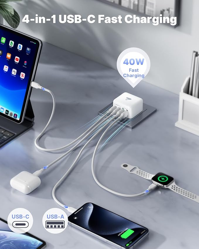 2-Pack 40W Flat USB C Charger Block Slim Wall Charger Multiple Ports Fast Charging Adapter with PD & QC 3.0 Compatible with iPhone 16 15 14 13 12 11 Pro Max XS XR 8 7 Samsung Galaxy iPad and More