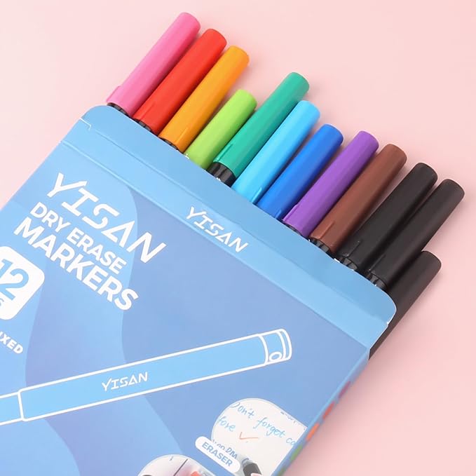 YISAN Dry Erase Markers Ultra Fine Tip,0.7mm Extra Fine Point, Magnetic Whiteboard Markers with Eraser,Assorted Colors,Low Odor,12 Count,70566