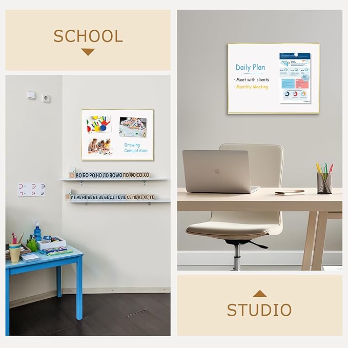 Magnetic Whiteboard, 24"x18" Gold Aluminum Frame Dry Erase White Board for Wall, Hanging Wipe Board with 6 Magnets, 4 Markers & 1 Eraser for Home, Office, School